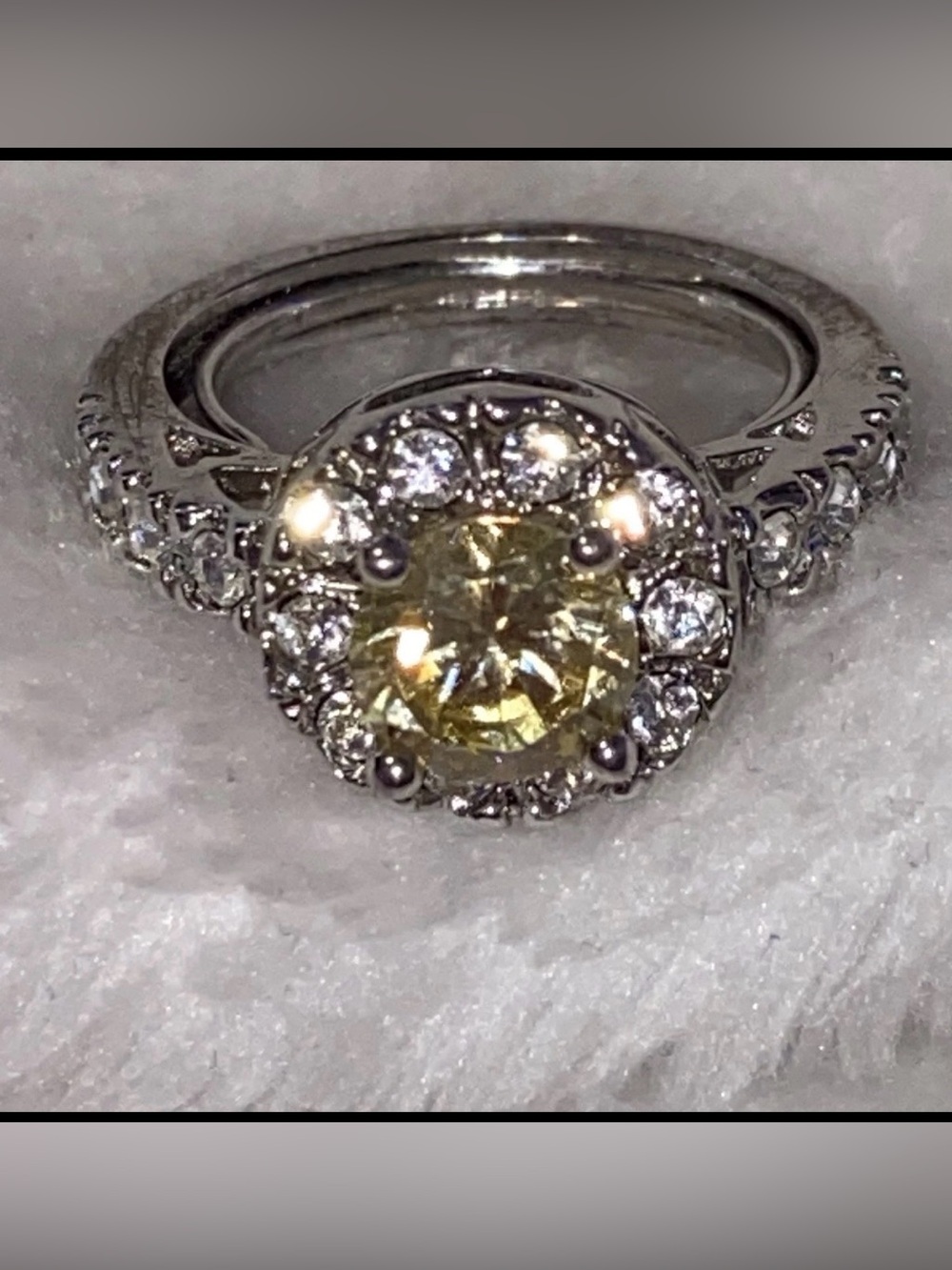Beautiful silver Tone marked NV ornate ring with faux citrine centerstone